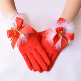 Ladies' Christmas Gloves Red Cute Feather Bell