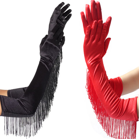 Women's Vintage 1920s Satin Elbow Length Tassel Gloves