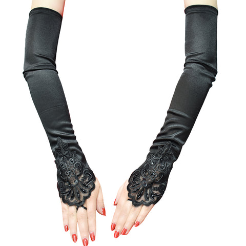 1920s Retro Satin Party Gloves for Women 48cm Long with Nail Bead Embroidered