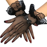 Short Rhinestone Bow Lace Fishnet Gloves