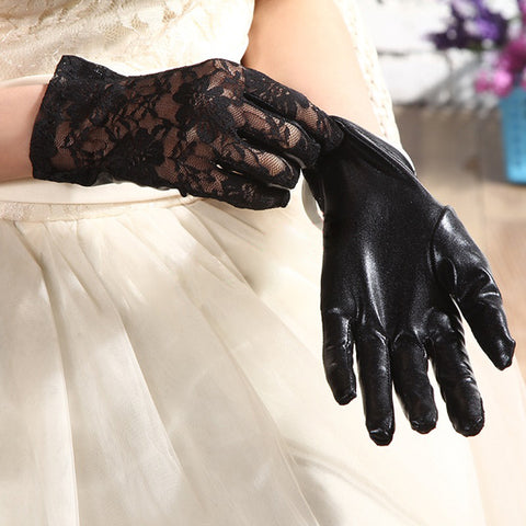 #1303 Wet look lace gloves short